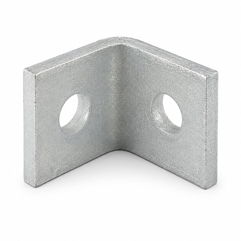 The same 90 degree angle fitting hot-dip galvanized, with visible spangle and heavier build-up on the edges