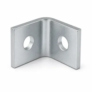 Steel plate bent through a sharp 90 degrees, one bolt hole in each leg