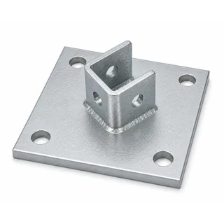 Square footprint plate with anchor holes and a socket for an upright channel